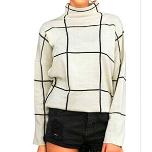 Tahari Cream and Black Checkered Turtleneck Sweater